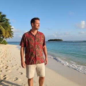 Caribbean Shirt Mens Large Red Palm Leaf Hawaiian Aloha Button Up Rayon